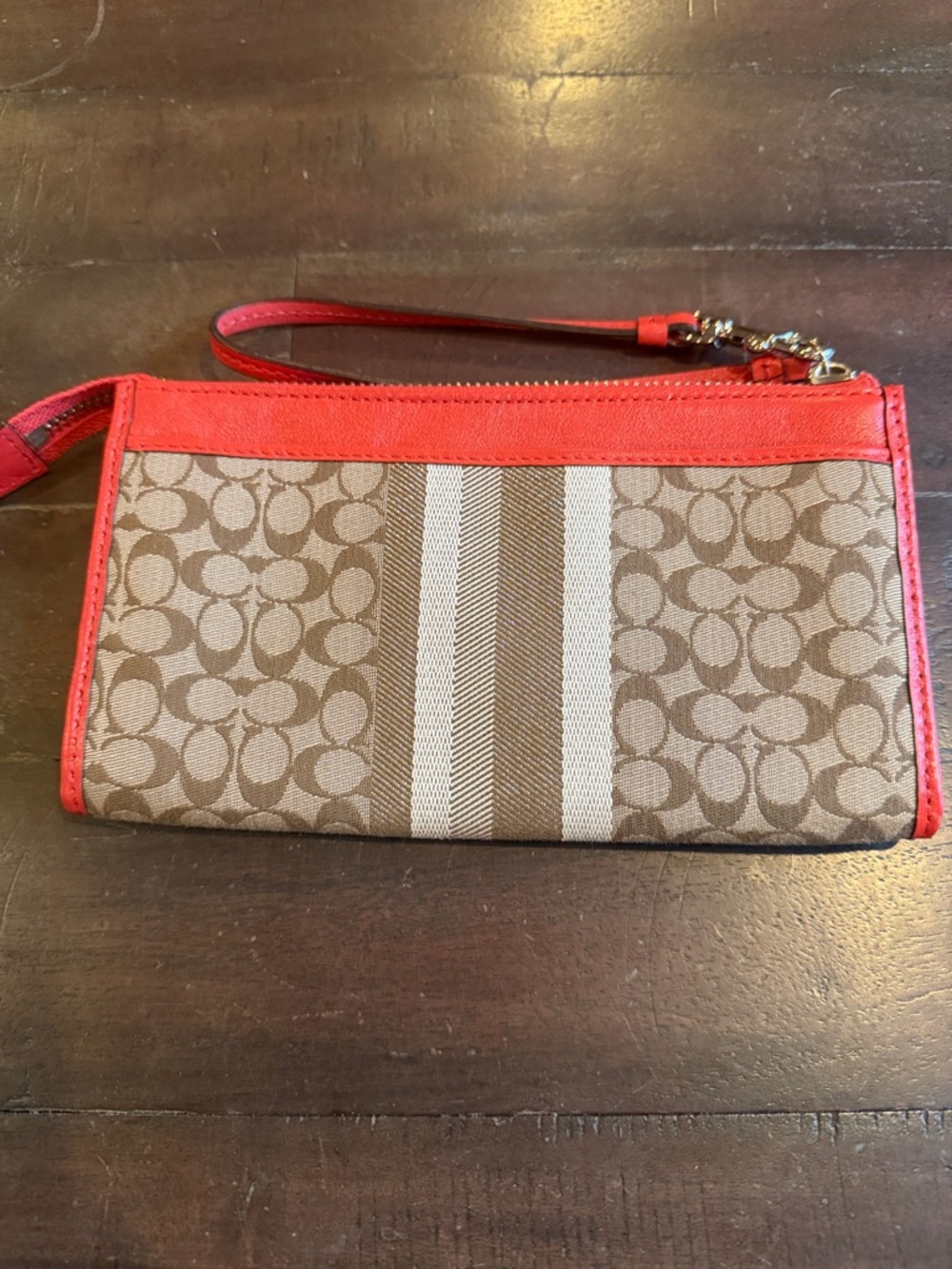 Coach Brown Signature Stripe Wristlet with Orange Trim - Picture 3 of 7